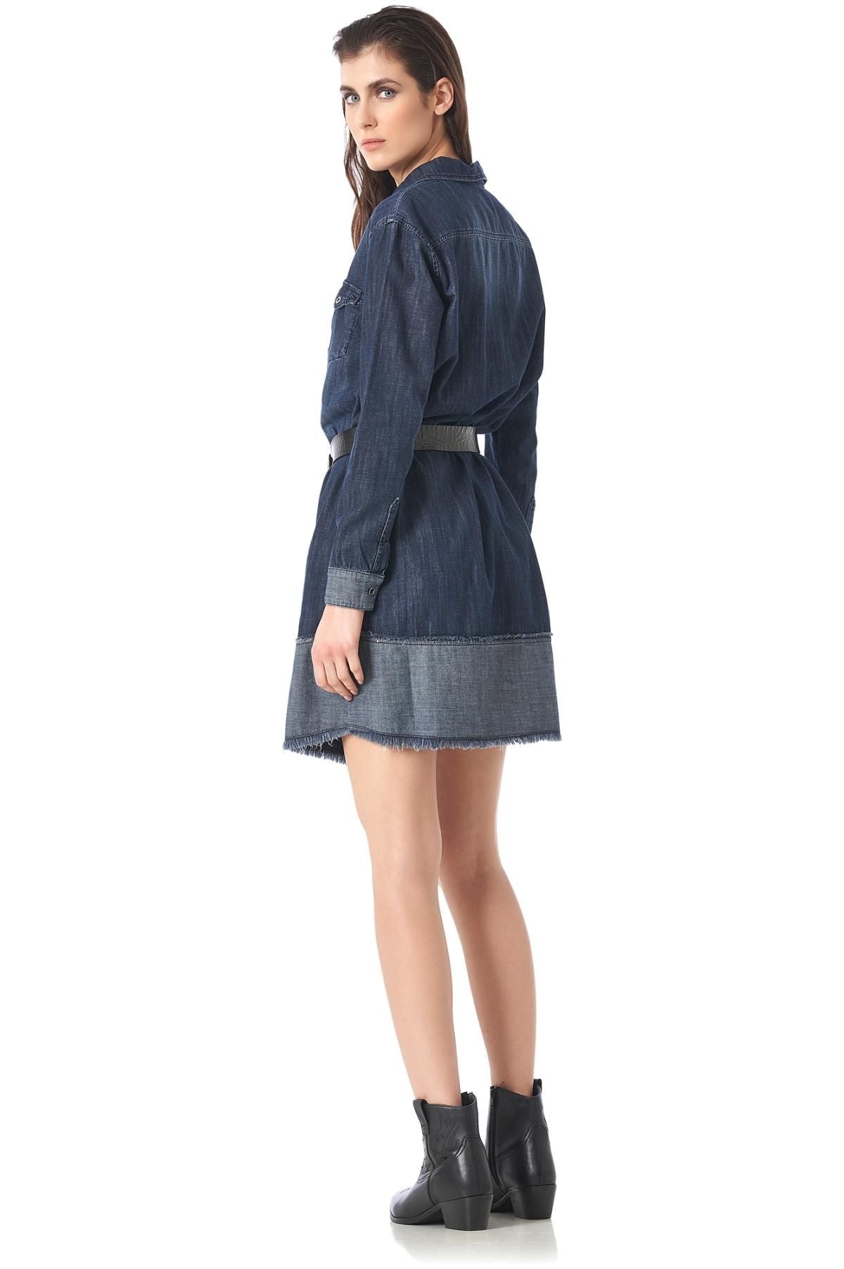 Cafe Noir Denim - Contrast Ruffle Shirt Denim Dress - Dark Denim 