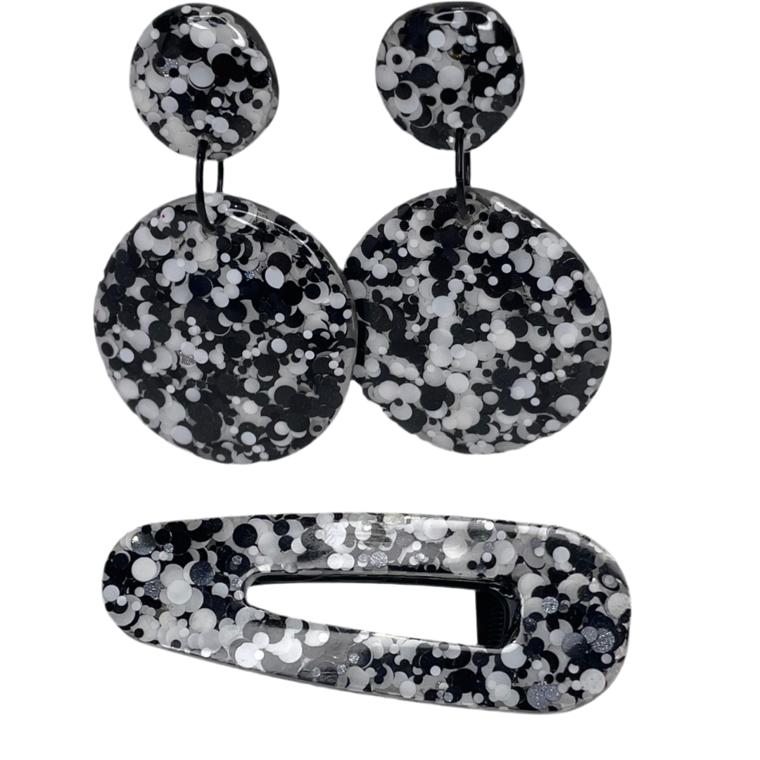 Adorne Confetti Resin Pop Drop Earrings Hair Clip Set - Black And White - ACRE3