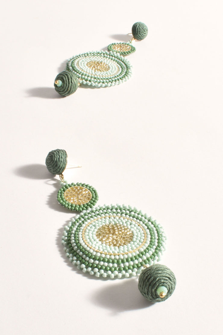 Adorne - Beaded Circles Statement Earrings - Green / Gold