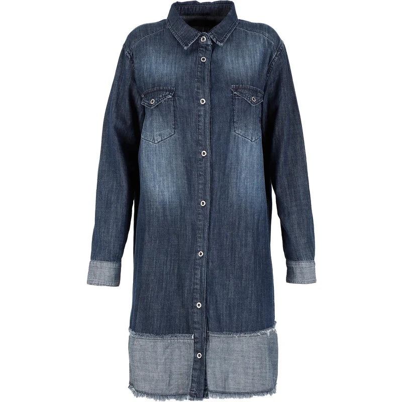 Cafe Noir Denim - Contrast Ruffle Shirt Denim Dress - Dark Denim 