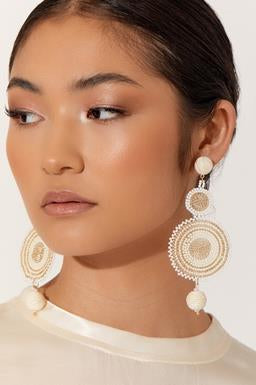 Adorne - Beaded Circles Statement Earrings - Cream / Gold