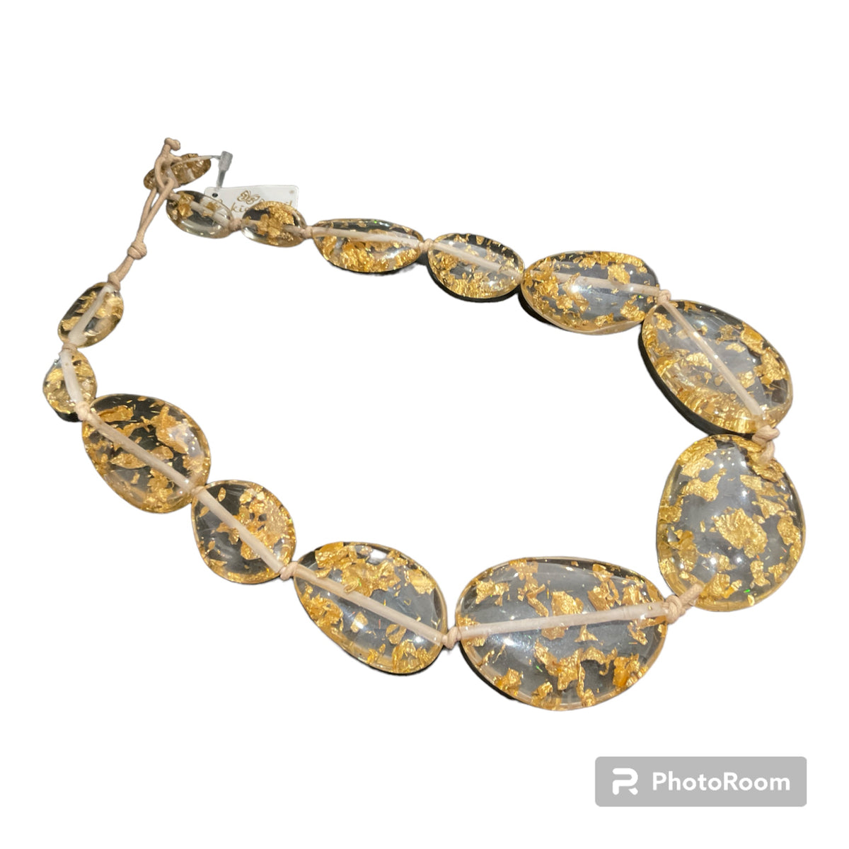 Jackie Brazil Flintstone Gold Leaf Clear Resin Necklace N3700