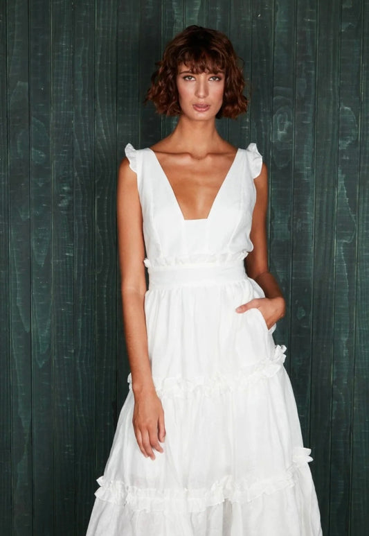 Mackenzie Mode - Linen Ruffles Dress - White