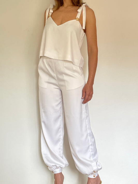 Secretly Posh Clothing - Satin Pant - White / Gold