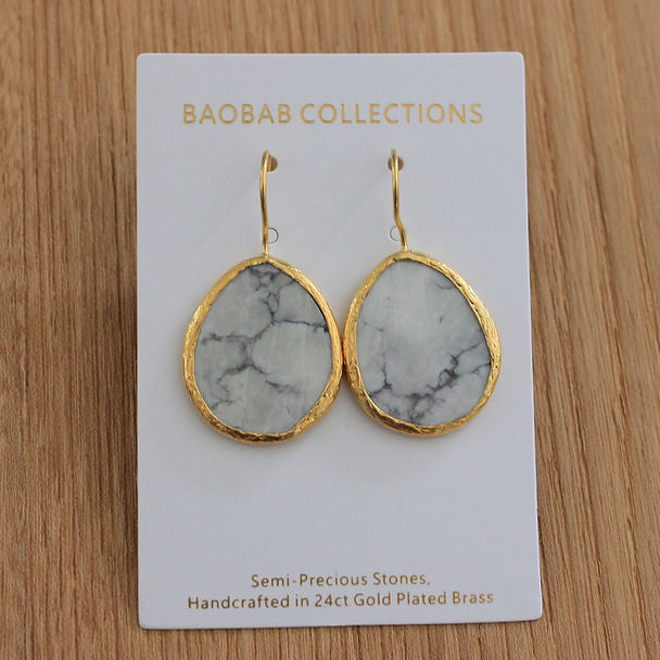 Baobab Collections - Small Semi Precious Hook Earring Gold: Howlite (White)