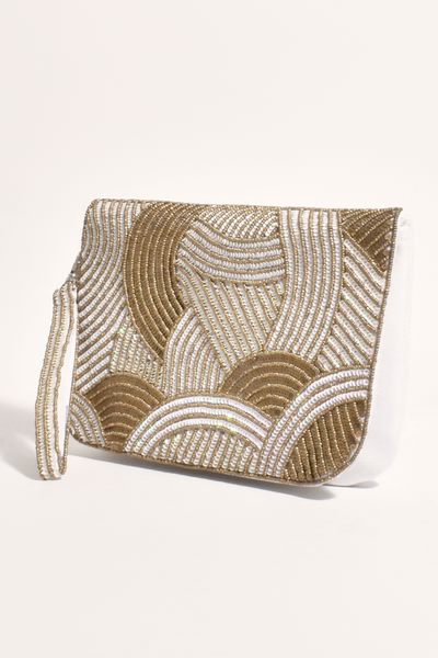 Adorne - Curve Pattern Bead Sequin Clutch - White / Gold 