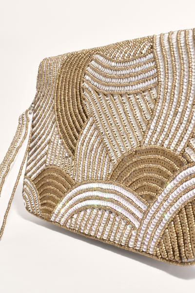 Adorne - Curve Pattern Bead Sequin Clutch - White / Gold 