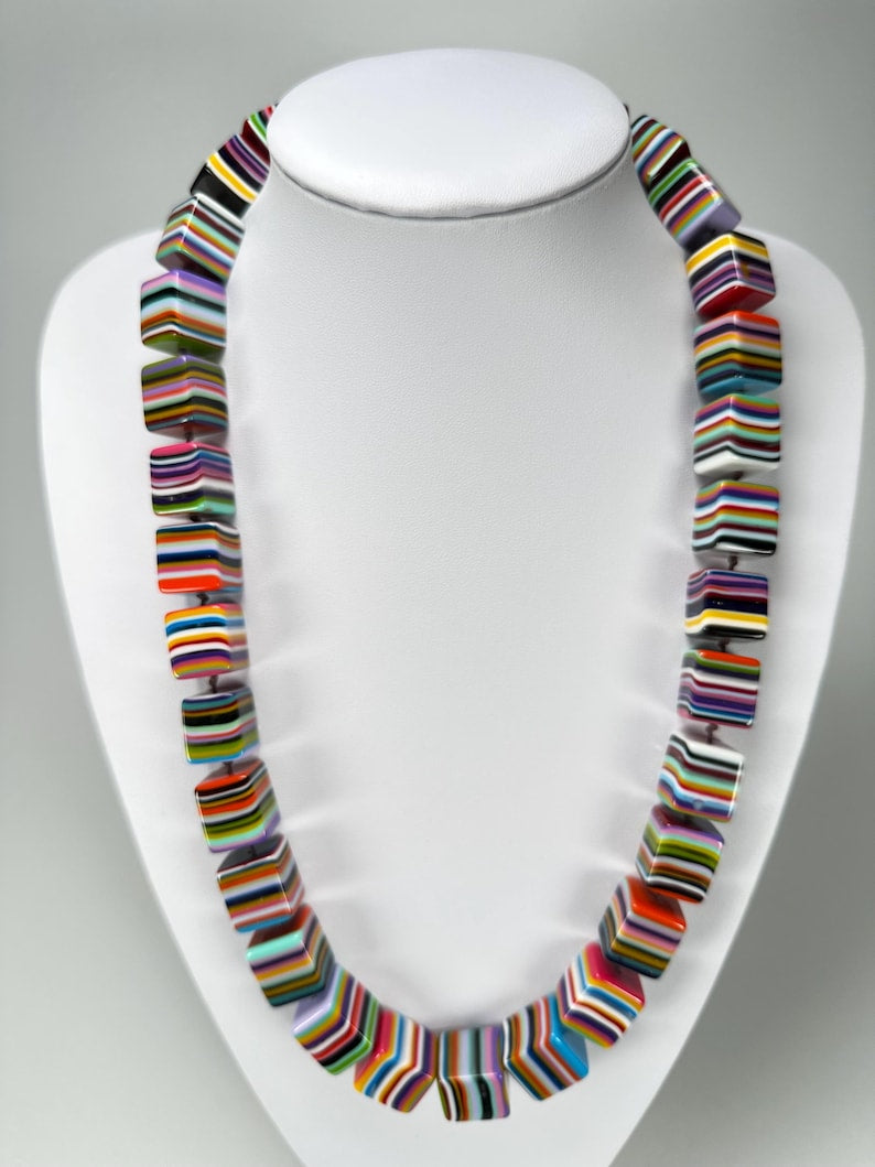 Jackie Brazil - N0046 - Resin Necklace “ Pop “ Liquorice Spring Mix Small Cubes 65cm Necklace