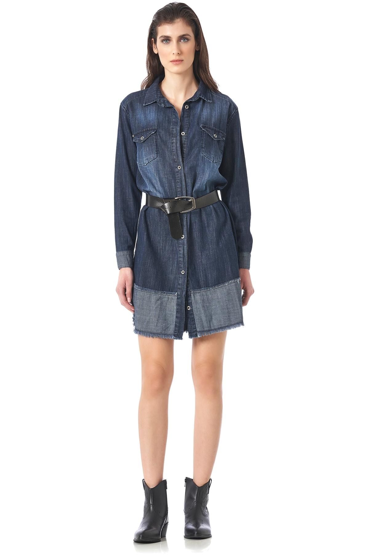 Cafe Noir Denim - Contrast Ruffle Shirt Denim Dress - Dark Denim 