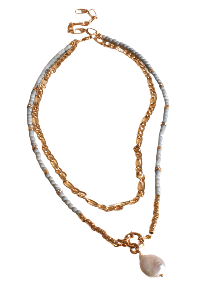 Adorne - Double Chain Beaded Pearl Necklace - Gold/turquoise