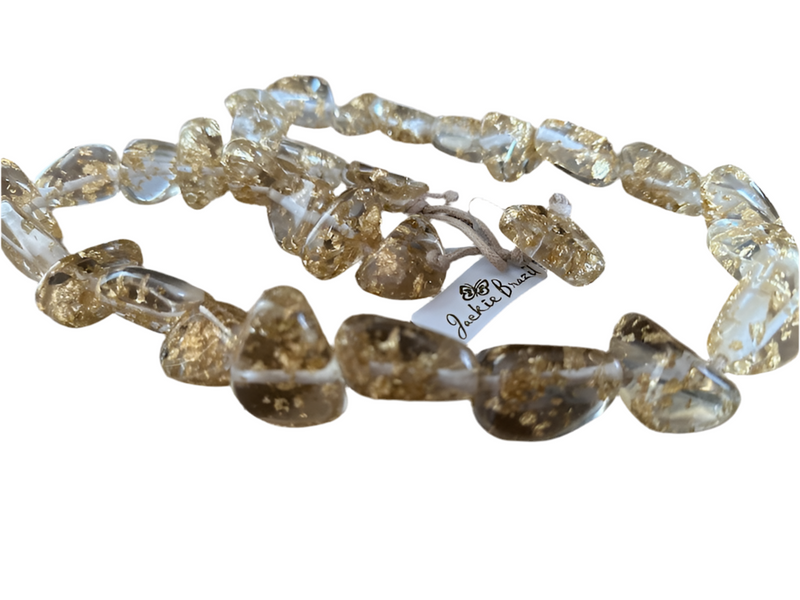 Jackie Brazil Clear Sugar Resin Gold Leaf Flintstone Bone Diamonds Necklace