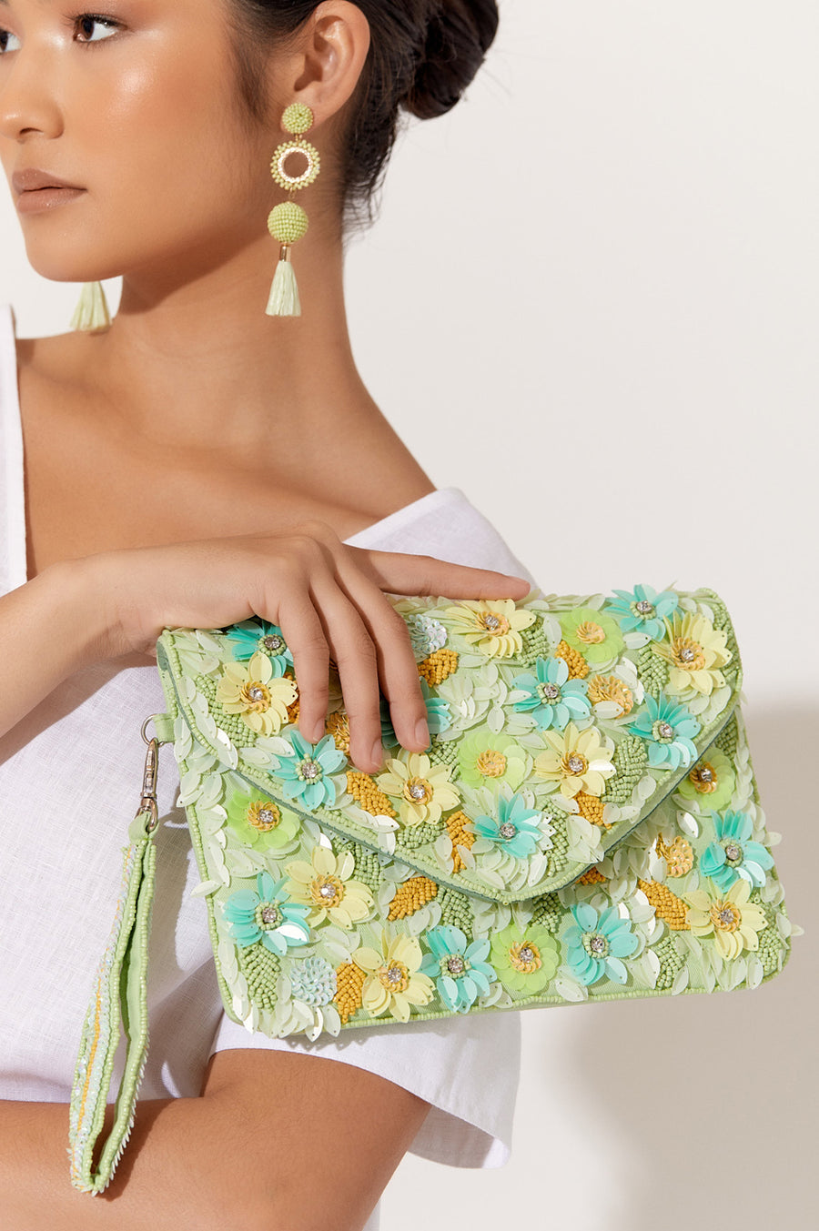 Adorne - Sequin Floral Fold Over Clutch - Mint Multi 