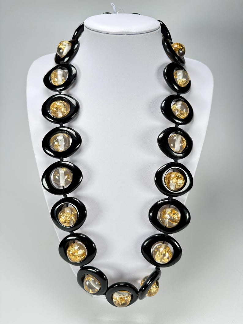 Jackie Brazil - Saturn Black / Gold Flakes Disc & Ball Long 75cm Necklace