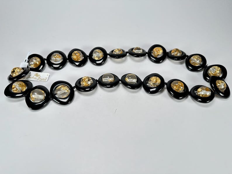 Jackie Brazil - Saturn Black / Gold Flakes Disc & Ball Long 75cm Necklace