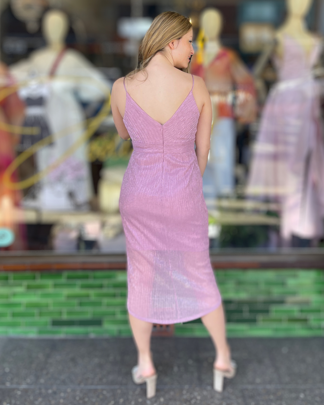 Miss Anne - Strappy Midi Metalic Dress - Blush Pink