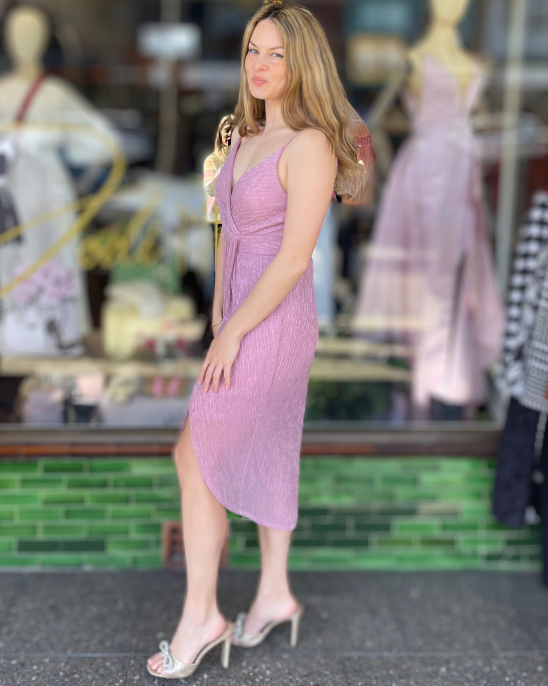 Miss Anne - Strappy Midi Metalic Dress - Blush Pink