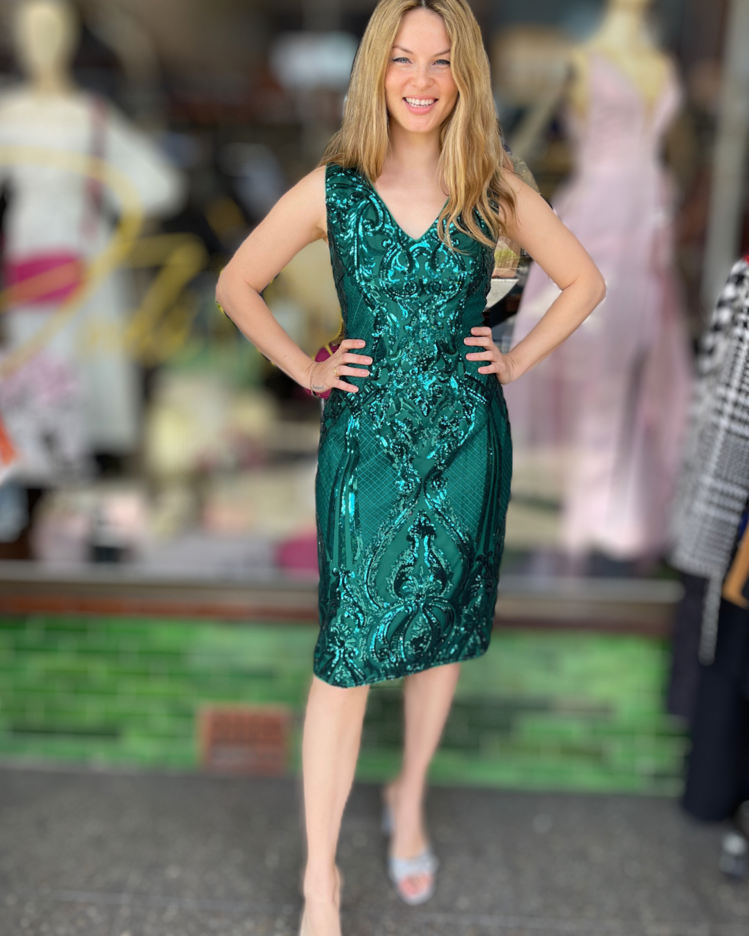 Romance The Label - Fantasy V Dress - Sequin Emerald Green