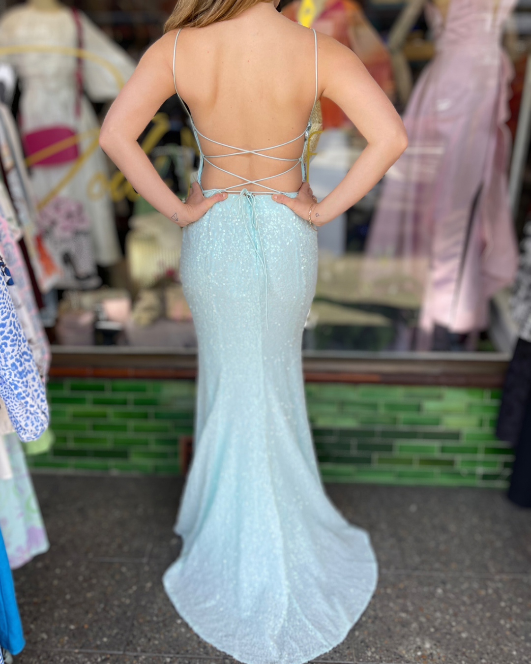 Miss Anne - Sequin Tie Back Gown - Mint