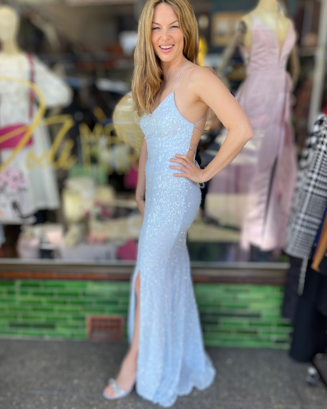 Miss Anne - Sequin Tie Back Gown - Ice Blue