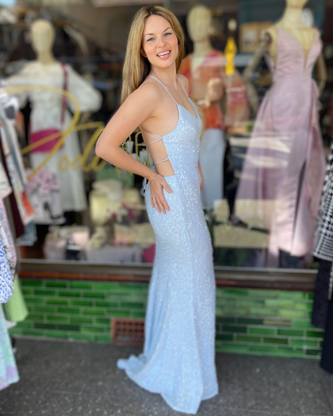 Miss Anne - Sequin Tie Back Gown - Ice Blue