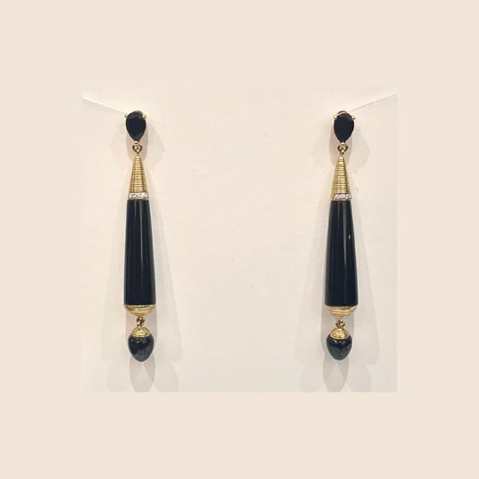 Jodi Maree Jewellery - Black Onyx,  Diamond And 9 Carat Gold Long Art Deco Style Earrings