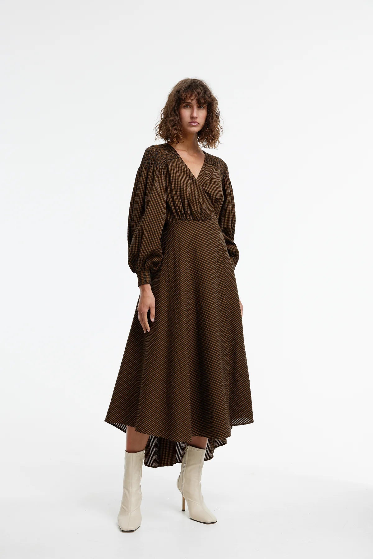 Kinney Arlo Wrap Cotton Dress - Chocolate Gingham