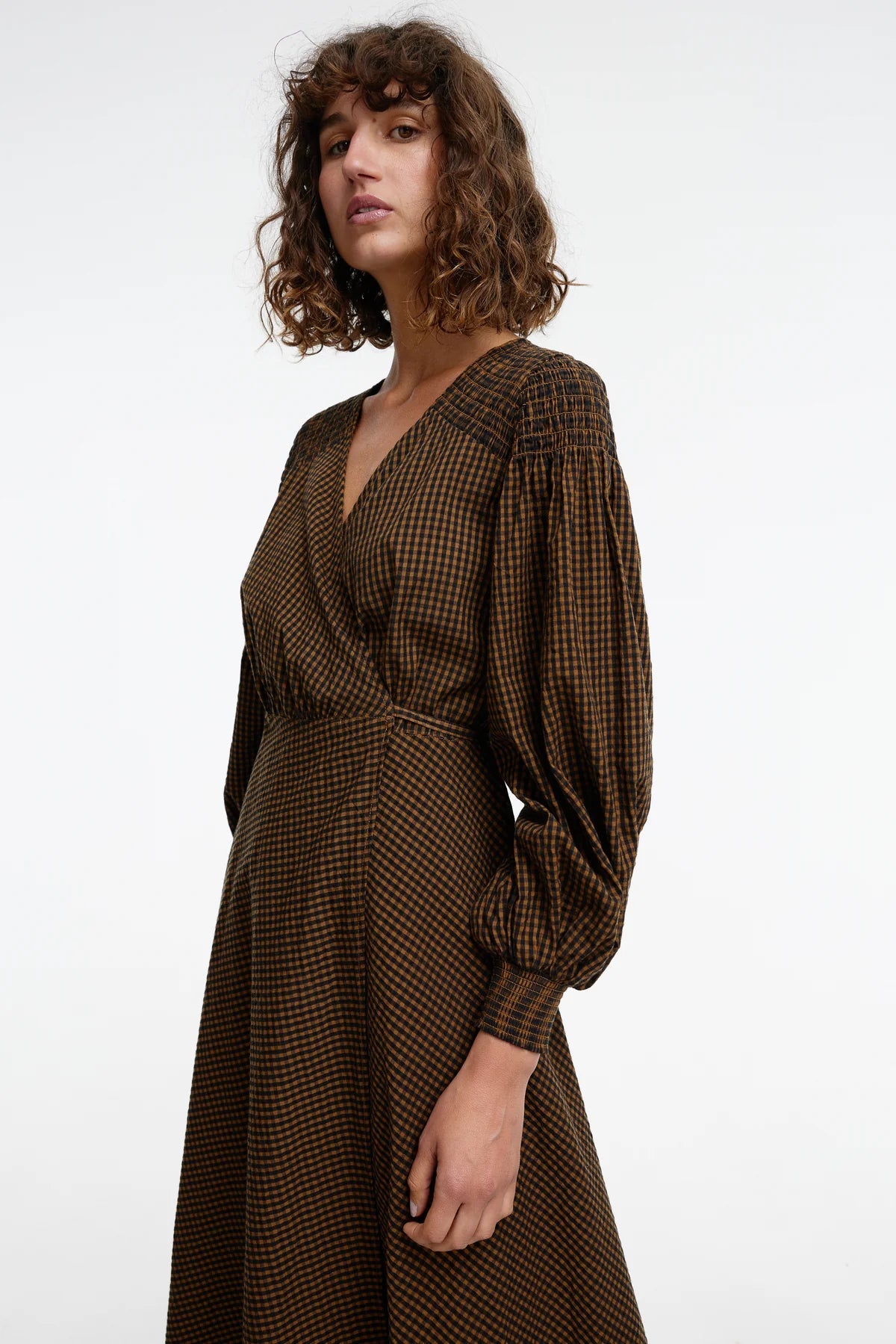 Kinney Arlo Wrap Cotton Dress - Chocolate Gingham