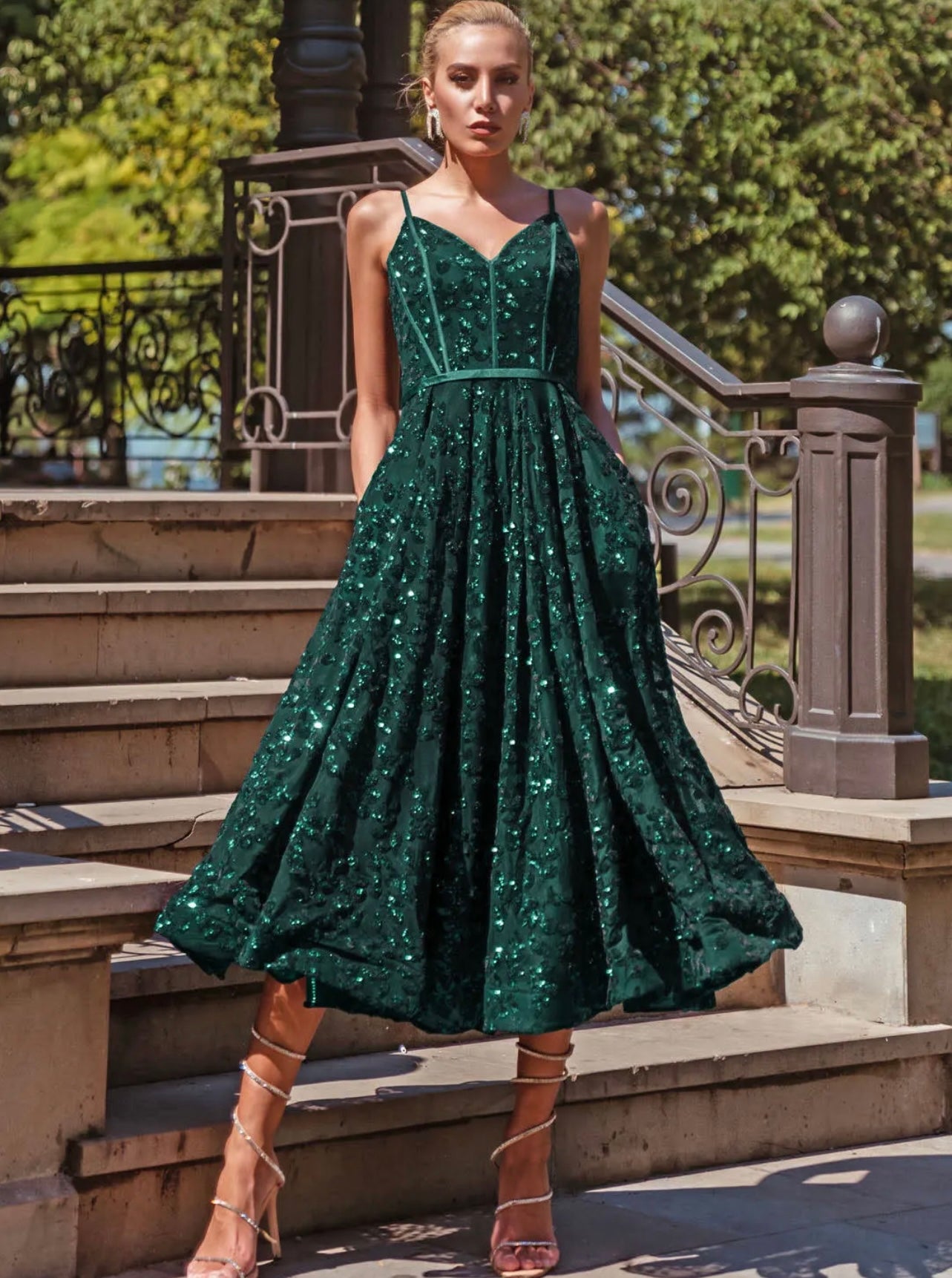 Green sequin evening on sale gown