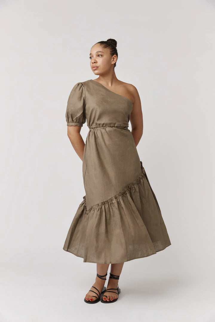 Alkam - Eleanor One Shoulder Midi Dress - Khaki