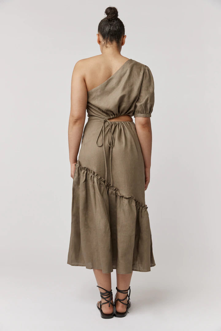 Alkam Khaki One Shoulder Midi Dress