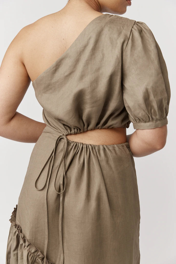 Alkam - Eleanor One Shoulder Midi Dress - Khaki