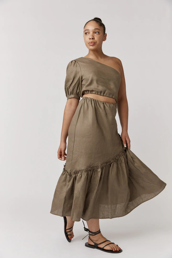 Alkam Khaki One Shoulder Midi Dress