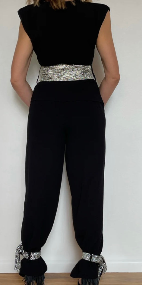 Secretly Posh Clothing - Rhinestone Embellished High Waisted Pants - Black