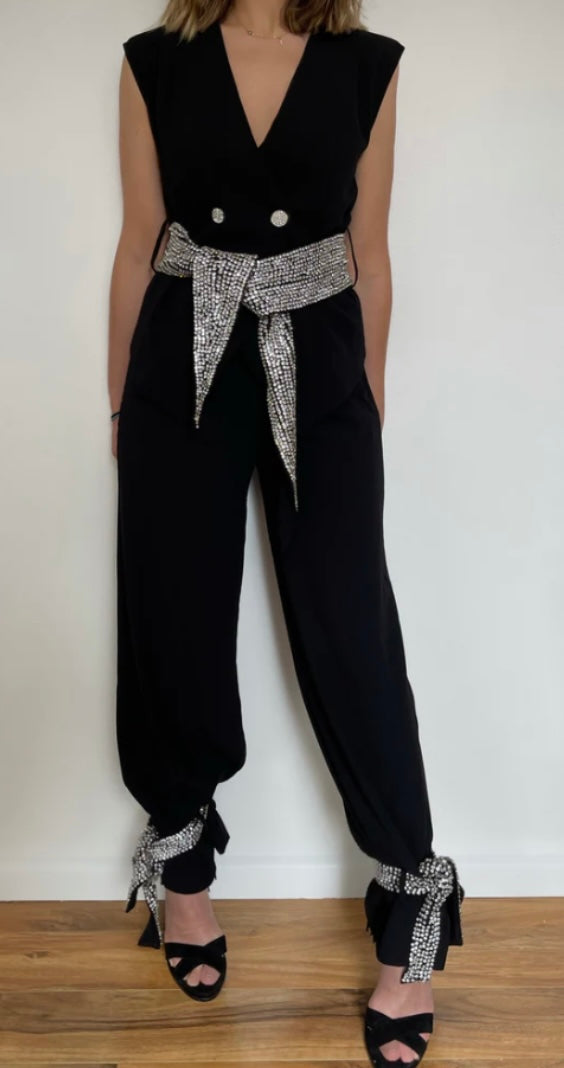 Secretly Posh Clothing - Rhinestone Embellished High Waisted Pants - Black