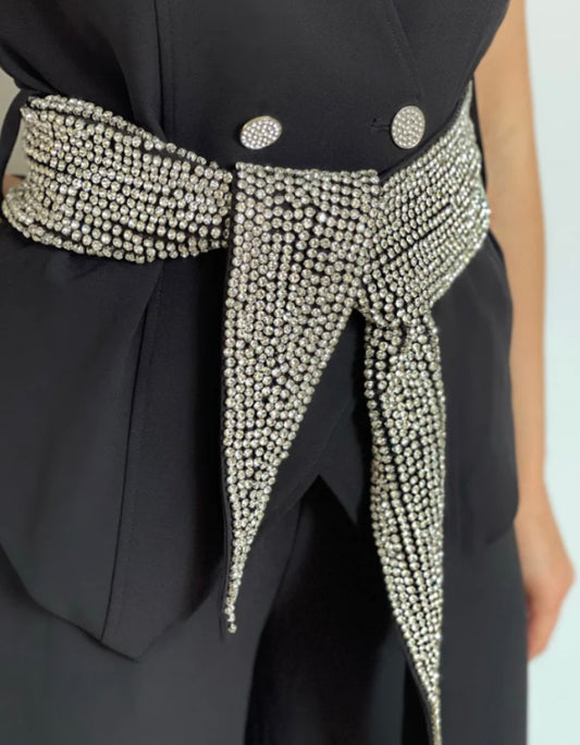 Secretly Posh Clothing - Rhinestone Embellished Double Breasted Sleeveless Tailored V Jacket - Black