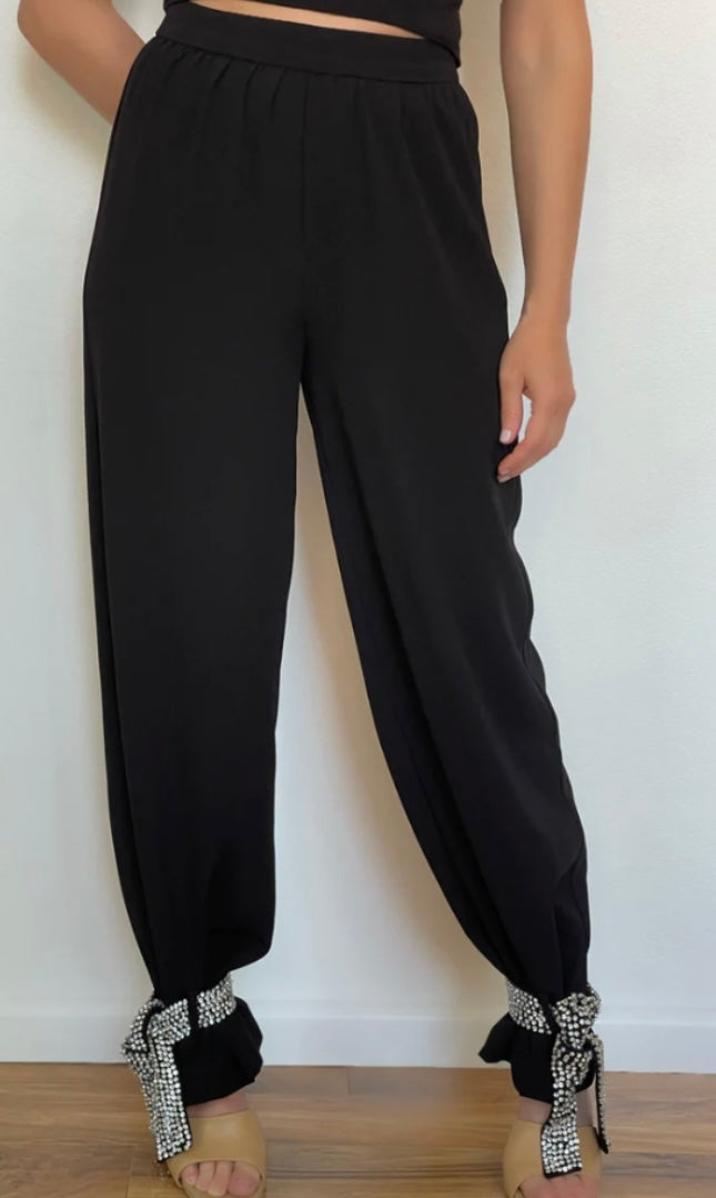 Secretly Posh Clothing - Rhinestone Embellished High Waisted Pants - Black