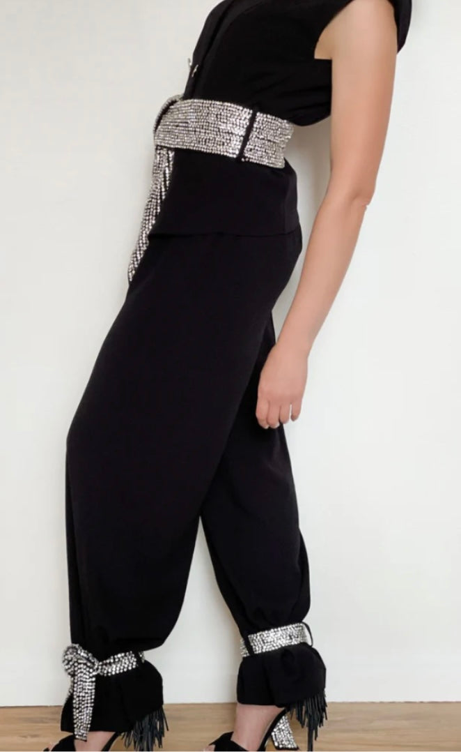 Secretly Posh Clothing - Rhinestone Embellished High Waisted Pants - Black